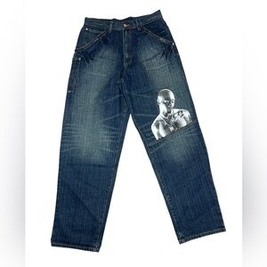 Vintage Makaveli Jeans Mens 34 Blue Denim Baggy Fit Tupac Shakur Hip Hop Art y2k